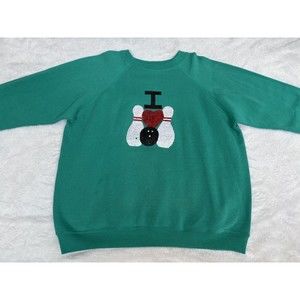 I LOVE BOWLING Vintage 90s Crewneck Sweatshirt Ladies Green SEQUIN BALL W/ Pins